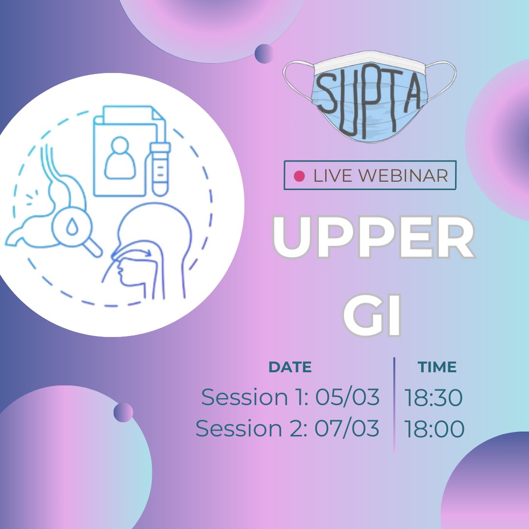 Next up is upper GI on the 5th (at 18:30) and 7th (at 18:00) presented by Hussain Karkhanawala and Balram Singh Sahota! 

Join our sessions on MedAll and be sure to follow us on there for email notifications of our future events👀

#supta #upperGI #supta_upperGI #upperGIsurgery