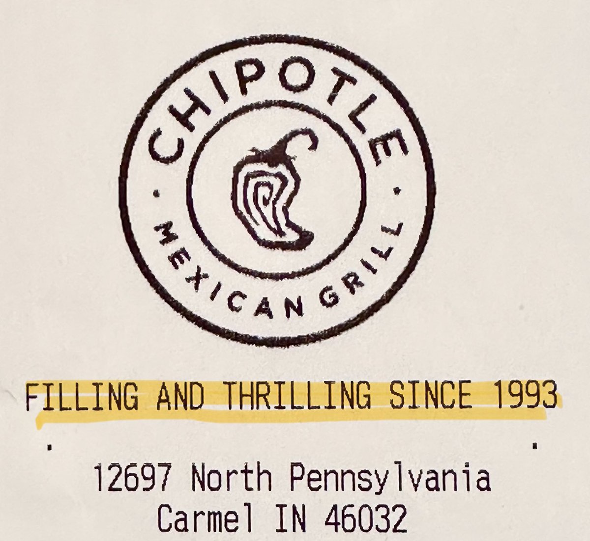 Great tag line <a href="/ChipotleTweets/">Chipotle</a> “Filling and Thrilling Since 1993” that I had not seen on their receipt before.