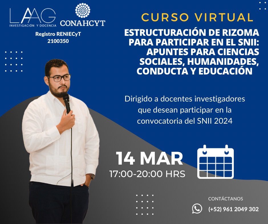 acugam's tweet photo. ¿Estás interesada o interesado en participar en la convocatoria 2024 del SNII? 𝘚𝘪 𝘵𝘶 𝘳𝘦𝘴𝘱𝘶𝘦𝘴𝘵𝘢 𝘦𝘴 𝙎𝑰, ¡𝘦𝘴𝘵𝘦 𝘤𝘶𝘳𝘴𝘰 𝘷𝘪𝘳𝘵𝘶𝘢𝘭 𝘦𝘴 𝘱𝘢𝘳𝘢 𝘵𝘪!

𝐂𝐨𝐧𝐭𝐚́𝐜𝐭𝐚𝐧𝐨𝐬
📱961 204 9302 https://t.co/vbC1LdgaxD