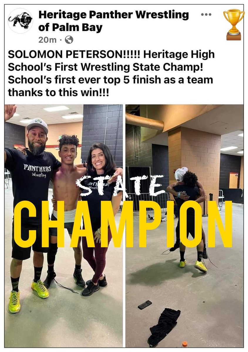 Congratulations to Solomon Peterson from Heritage HS on winning the schools first Wrestling State Championship 🏆 #Panthers #StateChamp
