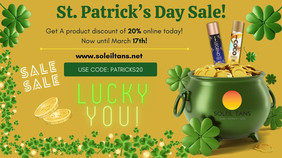 🍀 Feeling lucky? Enjoy 20% off all products! Don't miss out on this golden opportunity to treat yourself to some luck of the Irish. Hurry, the pot of savings won't last long!🌈#edisonnj #matawannj #sayrevillenj #tomsrivernj #tomsriverlocal #tanningsalon #tanninginnj #soleiltans