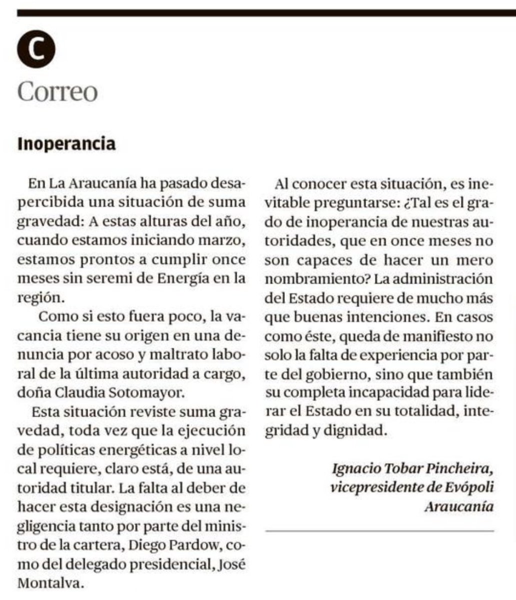 🗣️ OPINIÓN | Desde La #Araucanía, nuestro vicepresidente regional <a href="/IgTobar/">Ignacio Tobar</a>, apunta a la "negligencia" del ministro de Energía <a href="/DiegoPardow/">Diego Pardow</a> y el delegado presidencial <a href="/josemontalva/">José Montalva</a> por cumplir casi once meses sin nombrar a un Secretario Regional Ministerial de Energía para la