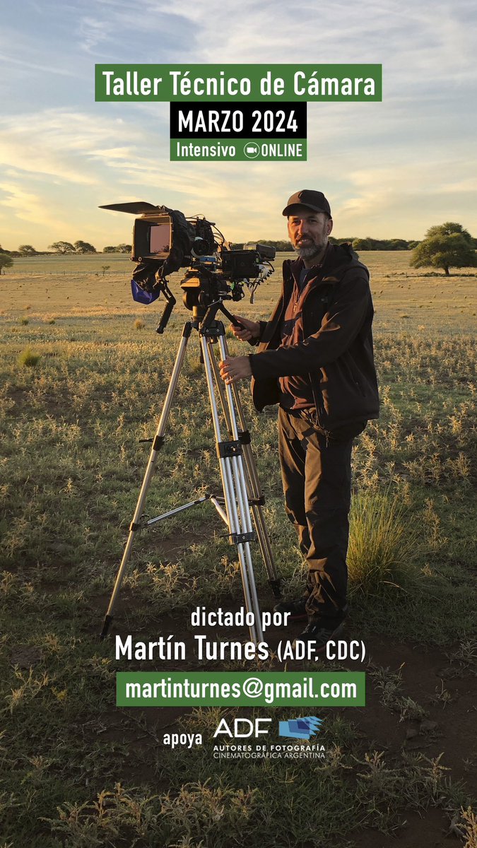 Martín Turnes (@martinturnes) on Twitter photo 🎥 TALLER TÉCNICO DE CÁMARA - ONLINE
🌞 Intensivo de Verano 2024
👋🏼 Por <a href="/martinturnes/">Martín Turnes</a> (ADF, CDC)
✔️ Avala <a href="/AdFcine/">ADF</a>
🗓️ LUN 18, MAR 19, MIE 20 y JUE 21 de MARZO
⏰ 18 a 20hs (Hora Arg)
🛜 Por ZOOM
⚠️ CUPOS LIMITADOS
CONSULTAS
📬martinturnes@gmail.com 🎥 TALLER TÉCNICO DE CÁMARA - ONLINE
🌞 Intensivo de Verano 2024
👋🏼 Por <a href="/martinturnes/">Martín Turnes</a> (ADF, CDC)
✔️ Avala <a href="/AdFcine/">ADF</a>
🗓️ LUN 18, MAR 19, MIE 20 y JUE 21 de MARZO
⏰ 18 a 20hs (Hora Arg)
🛜 Por ZOOM
⚠️ CUPOS LIMITADOS
CONSULTAS
📬martinturnes@gmail.com