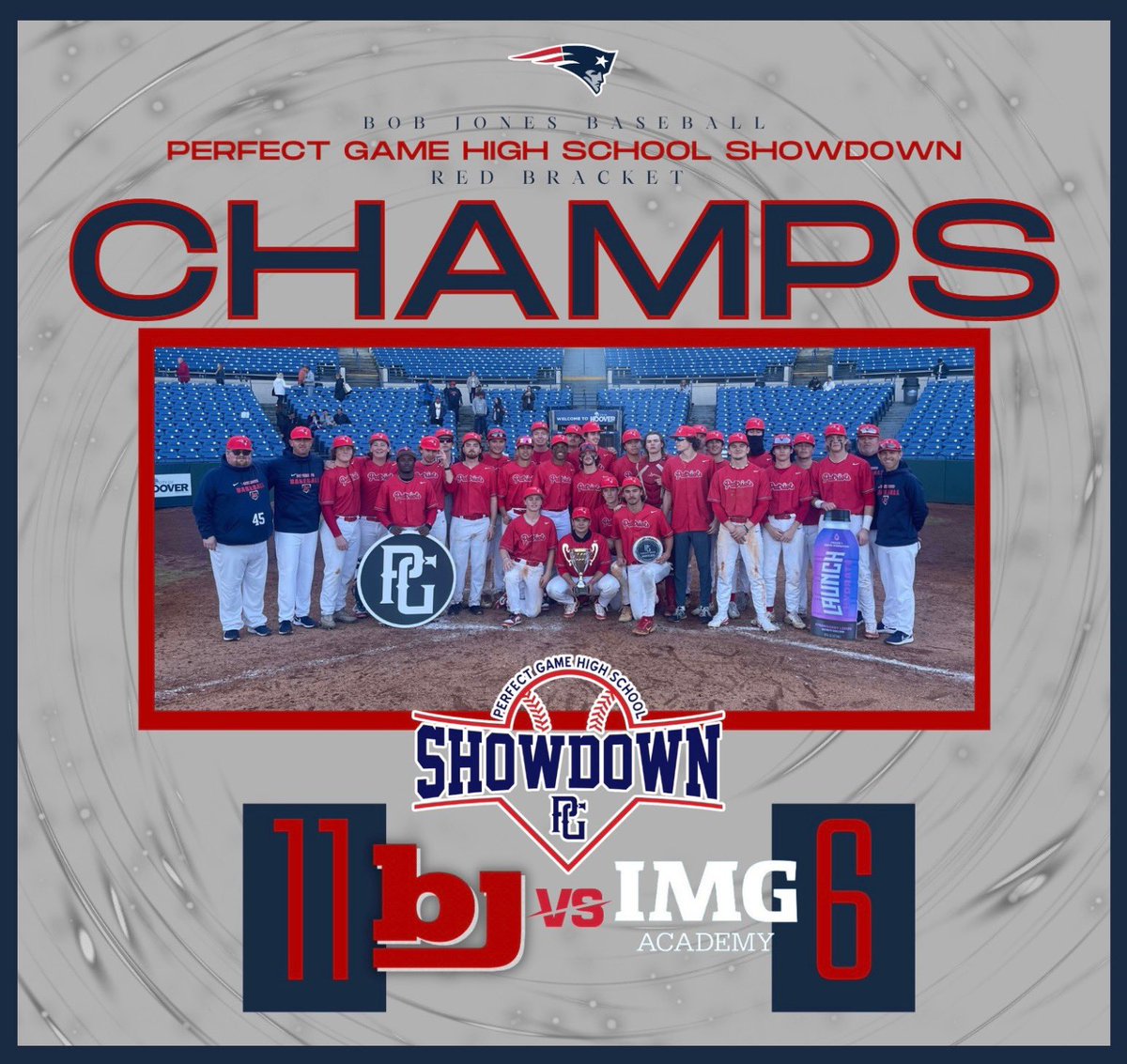 Bob Jones Baseball (@bjhsbaseball) on Twitter photo DOWN goes the #1 team in the COUNTRY!!!!!!!
Pats storm back from a 5-1 deficit to defeat PG #1 IMG Academy by 5 runs to win the <a href="/PerfectGameUSA/">Perfect Game USA</a> High School Showdown!
Let’s gooooooooooo!!! DOWN goes the #1 team in the COUNTRY!!!!!!!
Pats storm back from a 5-1 deficit to defeat PG #1 IMG Academy by 5 runs to win the <a href="/PerfectGameUSA/">Perfect Game USA</a> High School Showdown!
Let’s gooooooooooo!!!