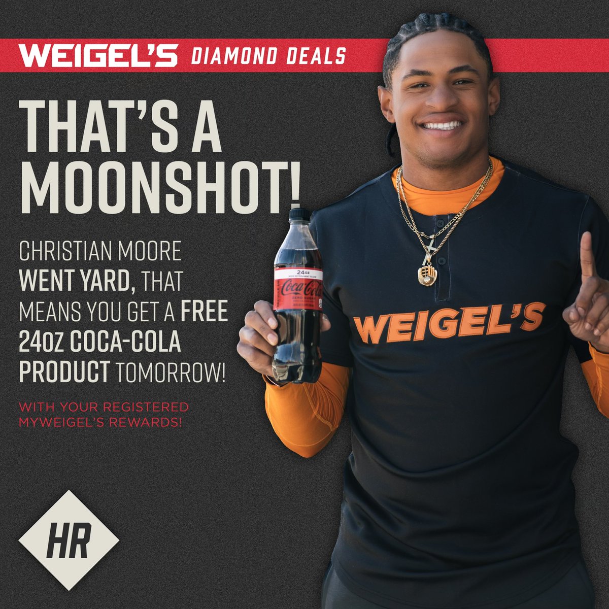 That's a moonshot! Christian Moore has gone yard ladies and gentlemen... which means you get a FREE 24OZ Coca-Cola product tomorrow with your MyWeigel's Rewards Card. Thanks C-Mo!