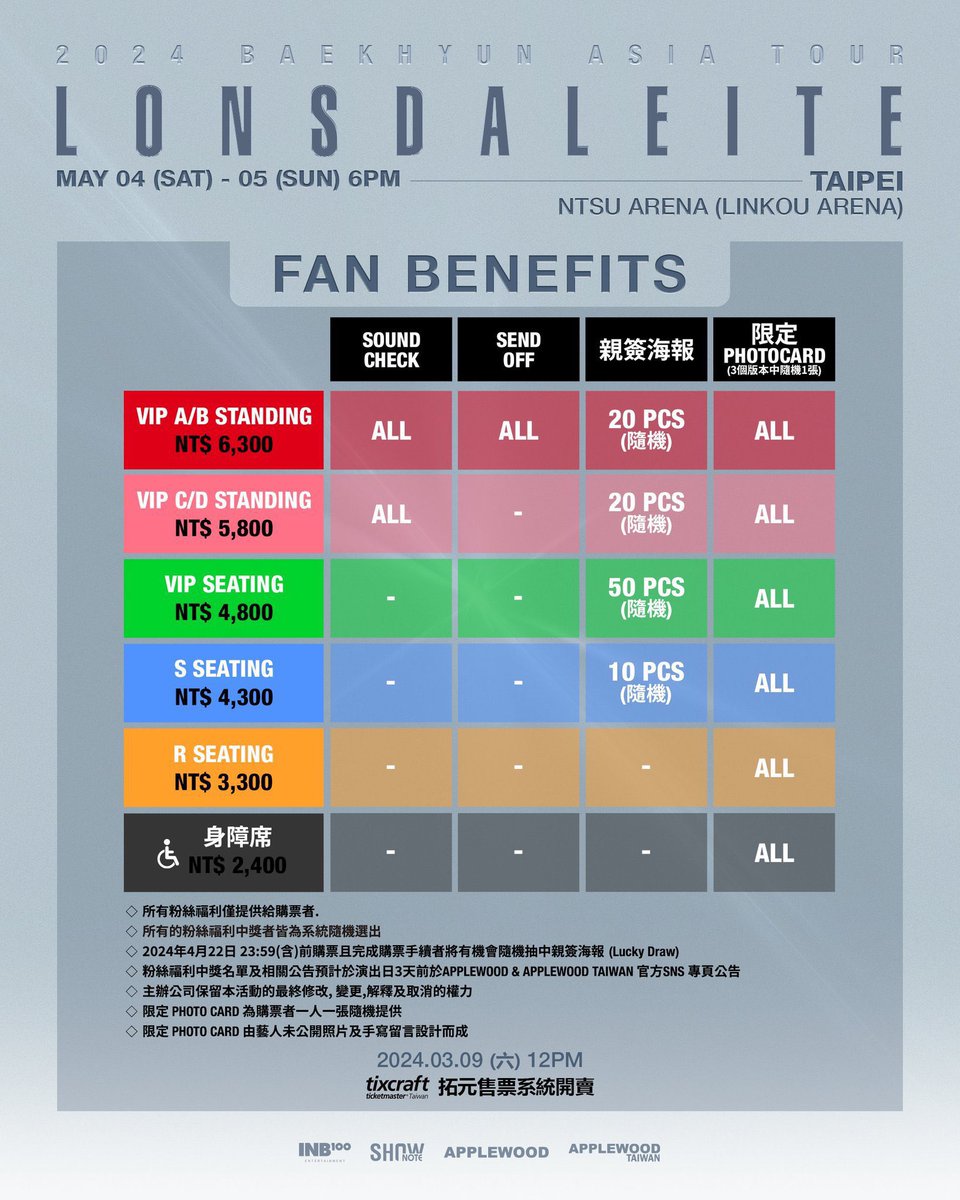 2024 BAEKHYUN ASIA TOUR [LONSDALEITE] in 台北 Taipei

VIP ABCDブロック NO.1~100

★ご希望の際はご予算と必要枚数を記載の上DMにてお問い合わせください。

#백현 #BAEKHYUN #2024BAEKHYUNAsiaTour
#Lonsdaleite #변백현 #伯賢 #EXO #엑소 #BAEKHYUNTAIPEI #BAEKHYUNINTAIPEI