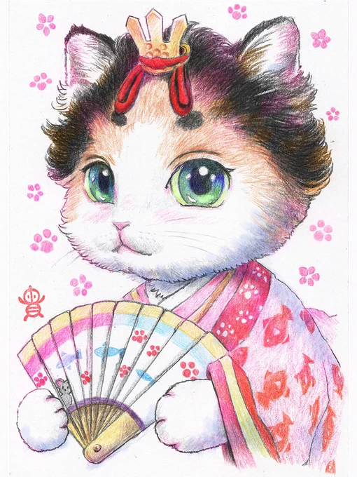 "お雛様ねこさん"描き上がりましたーお雛様の衣装って豪華で綺麗ですね!男子の身ながら憧れますこの絵のお雛様ねこさんも豪華な衣装や冠(平額-ひらびたい-と呼ぶのを初めて知りました)を身に付けてキラキラです#ひな祭り #色鉛筆 #色鉛筆画 #色鉛筆イラスト #アナログイラスト 