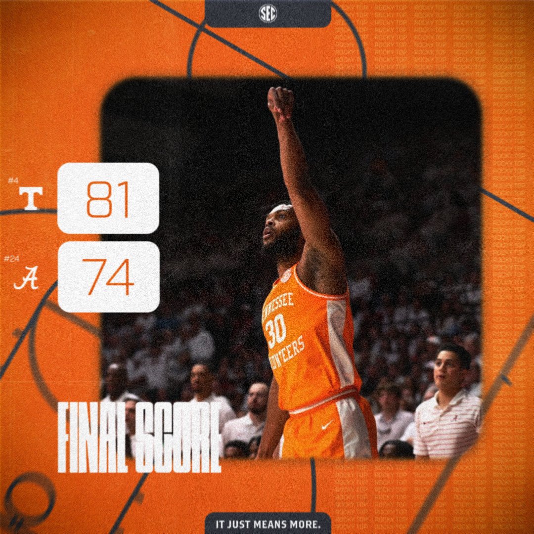 Rocked to the 🔝

No. 4 <a href="/Vol_Hoops/">Tennessee Basketball</a> shuts down No. 14 Alabama and brings home a hard fought win, 81-74

#SECMBB