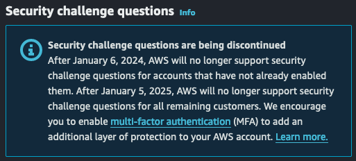 jamesggordon's tweet photo. Yasss! Good to see AWS getting rid of security challenge questions. Such an annoying mechanism and utterly unnecessary in this day and age of U2F, passkeys, etc. https://t.co/M6OIG7Exao