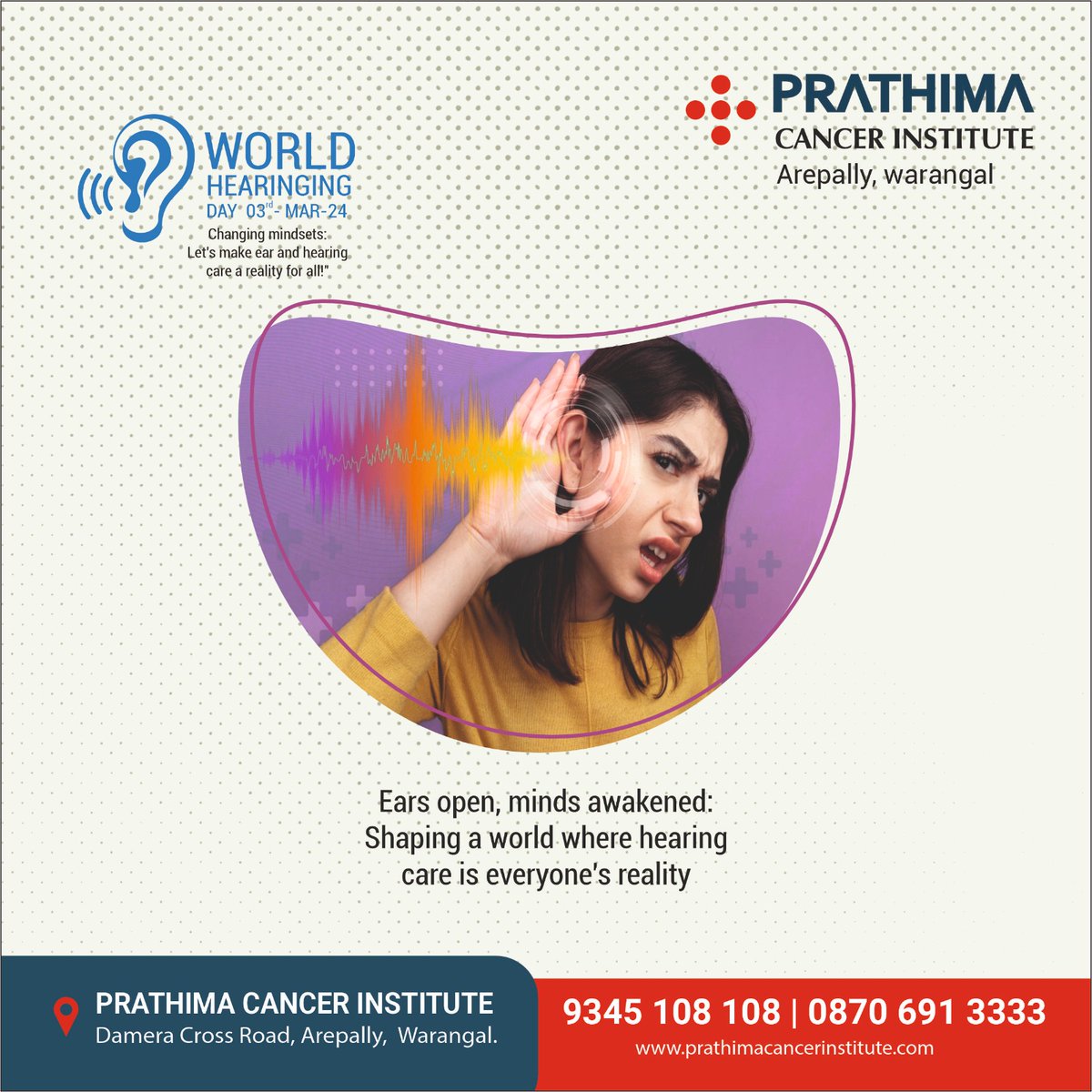 𝐖𝐨𝐫𝐥𝐝 𝐇𝐞𝐚𝐫𝐢𝐧𝐠 𝐃𝐚𝐲!
Ears open, minds awakened: Shaping a world where hearing care is everyone's reality

#Worldhearingday #hearingday2023 #hearingday #ear #hearing #specialdaycreative #earcare #hearingawareness #entdoctor #entspecialist #prathimacancerinstitute #PCI