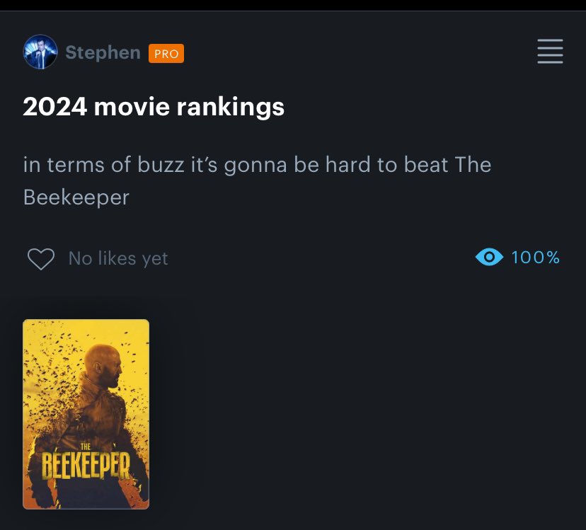 Seeing Dune 2 tonight is bittersweet…. all accounts are that it’s a masterpiece, but that probably also means that this is the final day that The Beekeeper will hold the title of my favorite 2024 movie