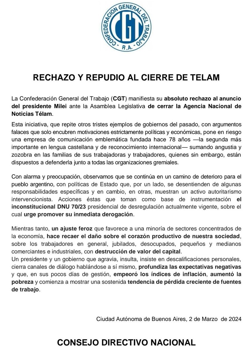 ❌ Rechazo y repudio al cierre de Télam

📌 Con alarma y preocupación observamos que se continúa en un camino de deterioro para el pueblo argentino 

➕ Un presidente y un gobierno que agravia y cierra canales de diálogo hablándose a si mismo profundiza las expectativas negativas
