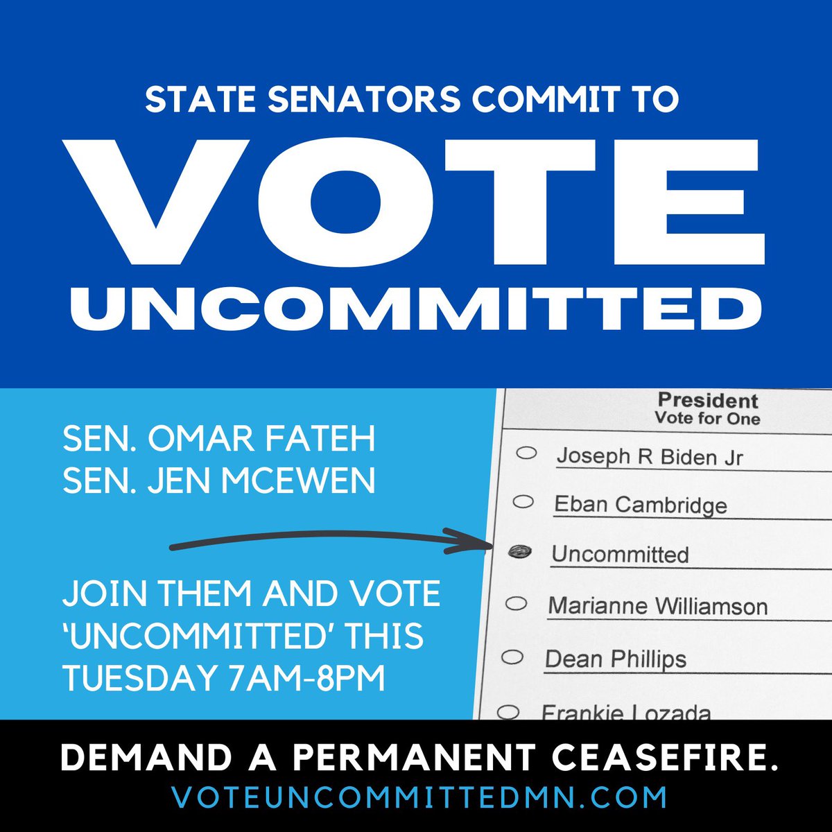 I am a pro- ceasefire DFLer. I’m voting uncommitted in the Democratic presidential primary on Super Tuesday. 

Join me! Find your polling place here and vote by this Tuesday, March 4th. 

pollfinder.sos.state.mn.us

Or vote early Sunday or Monday: bit.ly/Voteearly