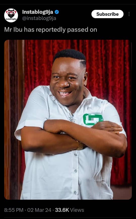 NOLYWOOD Actor John Okafor passed on after a brief illness 

So Sad, Rest In Peace Mr Ibu