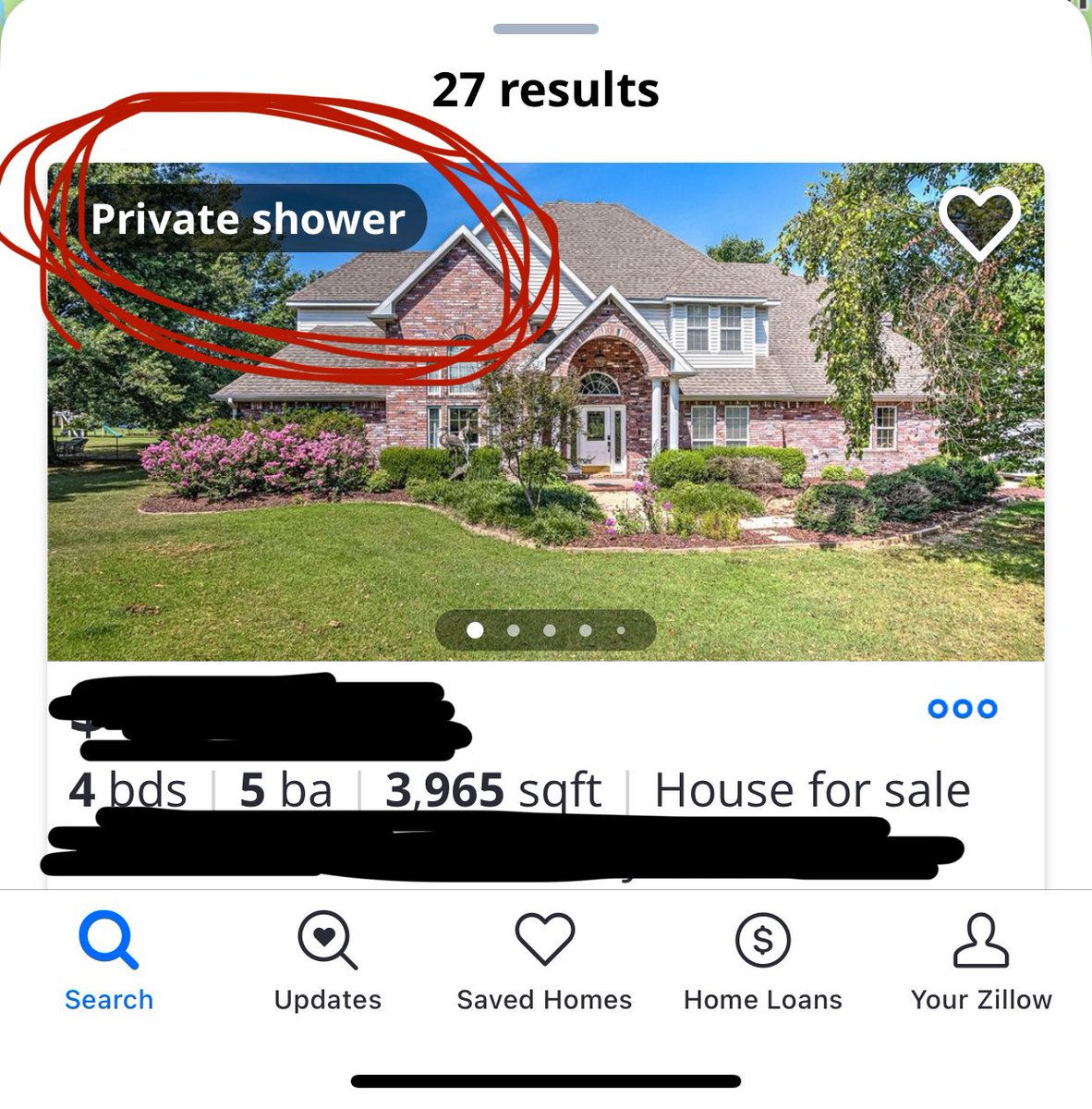 For house hunters like us @zillow is a favorite. But sometimes I wonder about the features they call out. I hope every home would have private showers! As opposed to…say…showers open to the public. Curious.