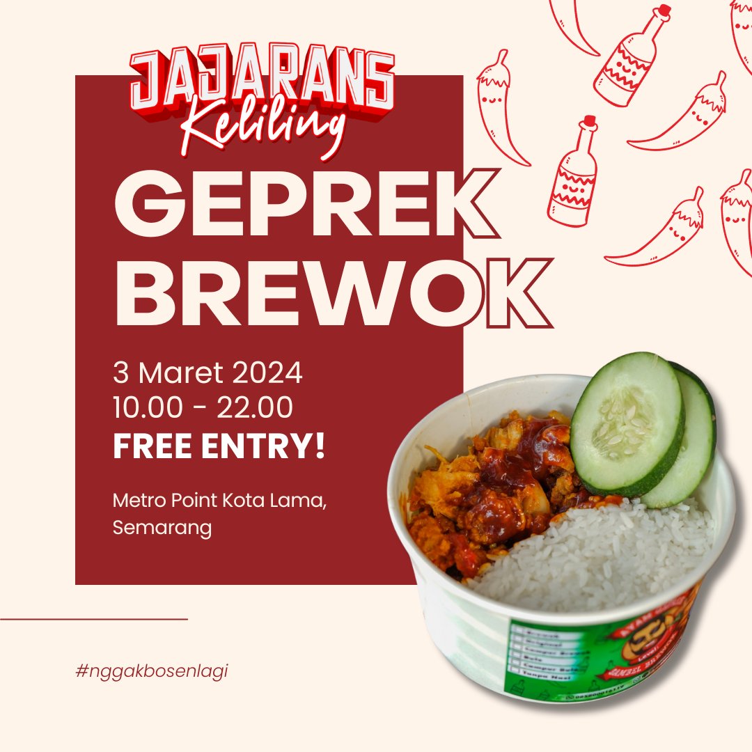 geprekbrewok's tweet photo. Bingung mau habisin weekend kemana?

Daripada bingung mending ke event Jajarans Keliling di Semarang. Selain ada Geprek Brewok tentu saja ada keseruan lain seperti live music dan nobar.

See you guys!

FREE ENTRY https://t.co/MCiCpFov0O