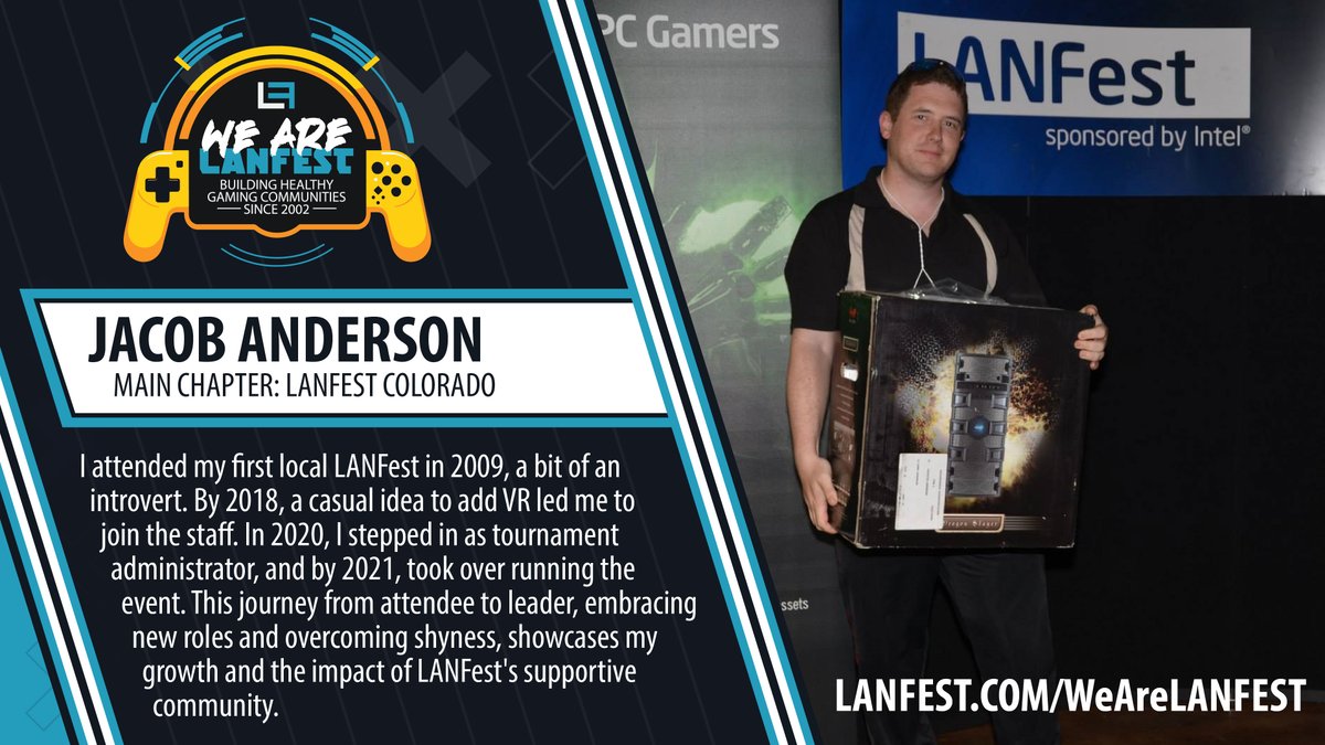 LANFESTgames's tweet photo. 🕹️ WE ARE LANFEST 🎮

Share with us how you LANFest! From keyboard tosses to pink toilet llamas, share your stories! 🦙

Learn about our Colorado Chapter Admin, Jacob, and his LANFest story, "Layman to Leader"! 📖

#LAN4good https://t.co/PTN2nQvGea