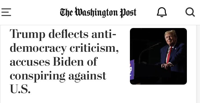 ProDemocracyRTs's tweet photo. The Washington Post’s lead paragraph says Trump made accusations “without evidence” against Biden. But the headline doesn’t say that. It just amplifies Trump’s lie. 
Major media often seem afraid to confront fascist liars in the big type. They whisper about it in the body type. https://t.co/8swVVx2jxk