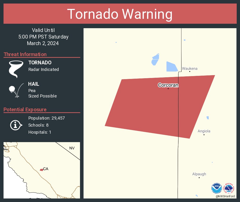 NWSHanford's tweet photo. Tornado Warning including Corcoran CA until 5:00 PM PST https://t.co/8xnkMURytx