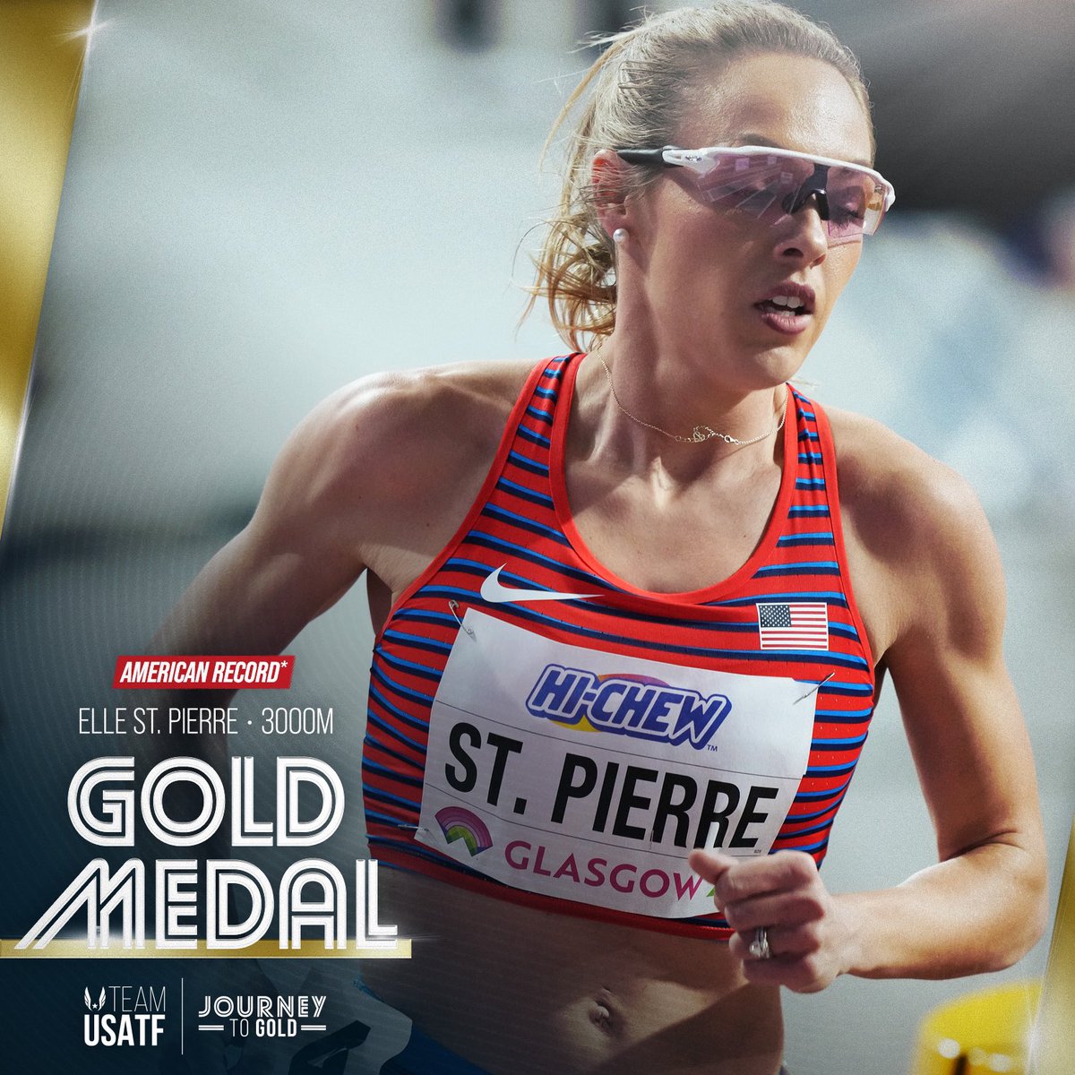 HISTORY MADE 🇺🇸👑

Elle St. Pierre became the first American woman to bring home a world title in the 3000 with her American record* and championship record 8:20.87 at #WICGlasgow24 👏👏👏

And she did it two days before her son’s first birthday ❤️

#JourneyToGold
