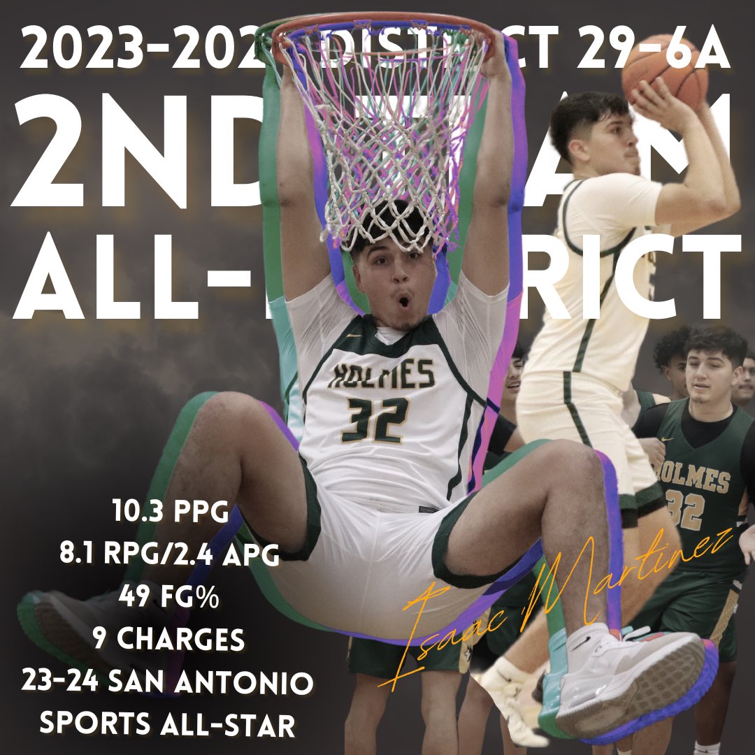 📣Senior Isaac Martinez named 2nd Team All-District. Congratulations to this young man on his all-district honor. Blessed to coach him for the past several years. Isaac will represent @HolmesHuskyBB at the SA Sports All-Star game on March 24.