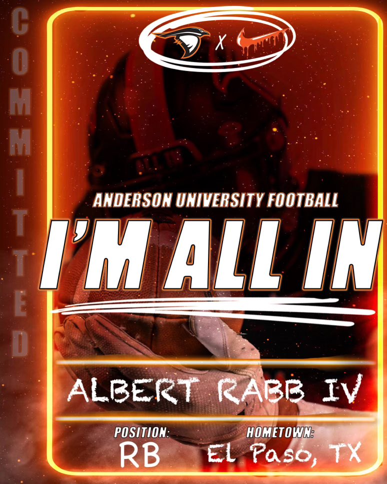 RabbAlbert's tweet photo. I would like to thank God for what he has blessed me with and I would like to say that i’m 100% committed to Anderson University!! @RB25HUD @coach_codd @Coach1Martinez @Coach_Macias @CoachGabaldon https://t.co/LDa6aM0UiP