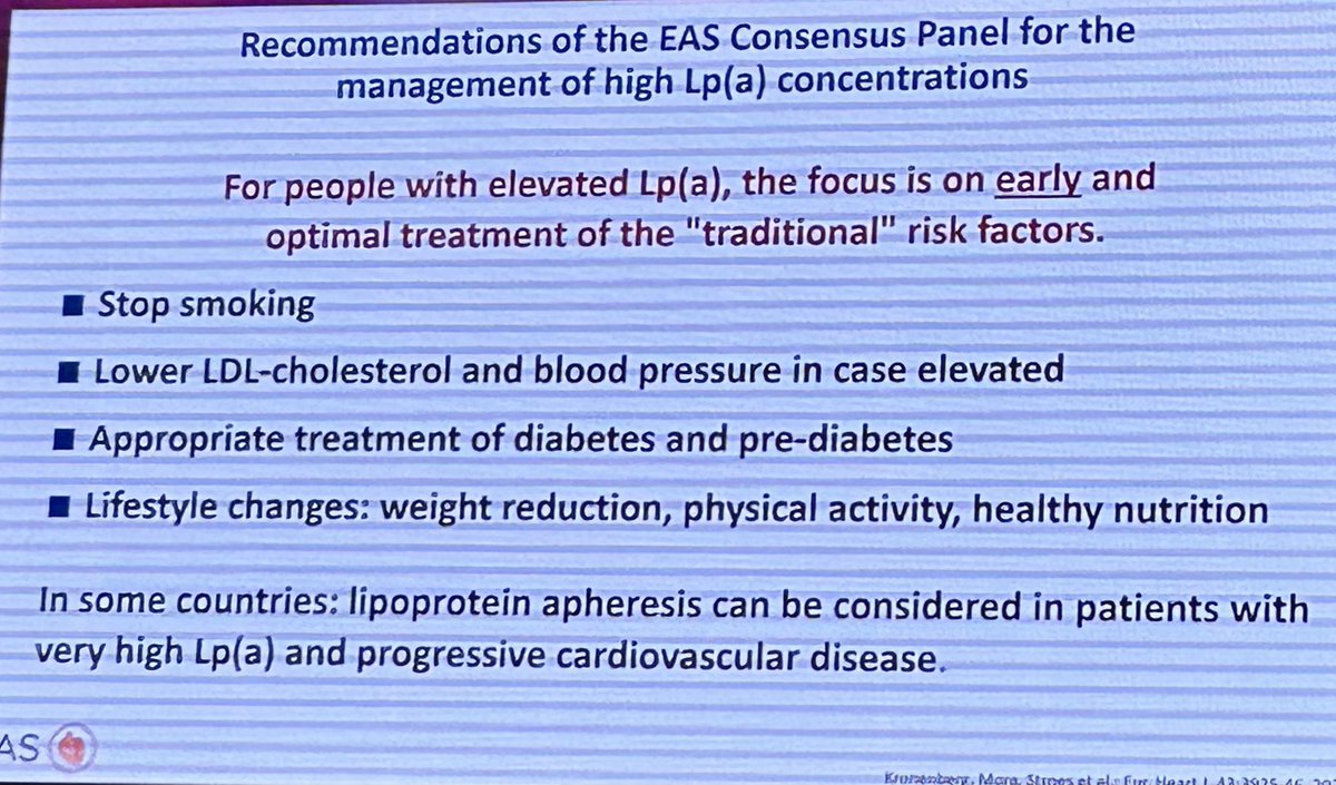 Lp(a) | Prof Florian Kronenberg

❤️ Lp(a) is an independent risk factor for CVD &amp; should be measured at least once in a 👥 lifetime 

If Lp(a) is ⬆️ we should 👇🏼

🔹Test the family, much like what we do in FH

🔹⬇️ modifiable CVD risk factors (ie LDL) as early as possible