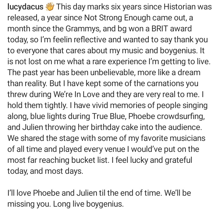 📸 | Lucy via IG: 'I'll love Phoebe and Julien til the end of time. We'll be missing you. Long live boygenius'