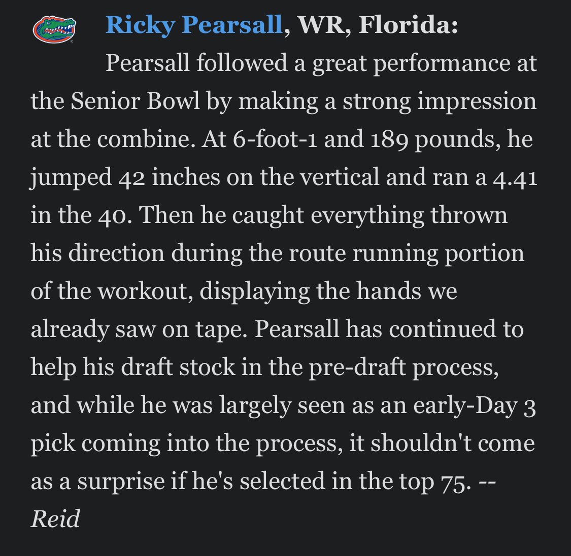 Jordan_Reid's tweet image. From the Senior Bowl to the Combine, Ricky Pearsall has caught everything thrown his direction. Has aced the pre-draft process. One of my favorite Day 2 WRs in the draft. 

Full Recap➡️: espn.com/nfl/draft2024/…