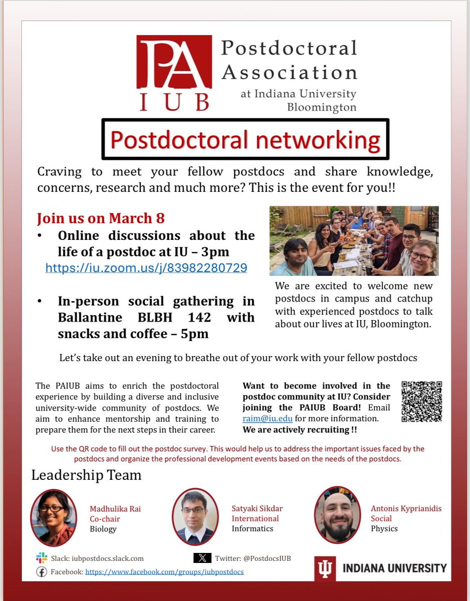 PostdocsIUB's tweet image. Postdoctoral networking event is coming soon for all postdocs at IUB. Save the date! March 8 (3pm- online session and 5pm- in person socializing). Bring your fellow postdocs. Excited to meet you all soon.