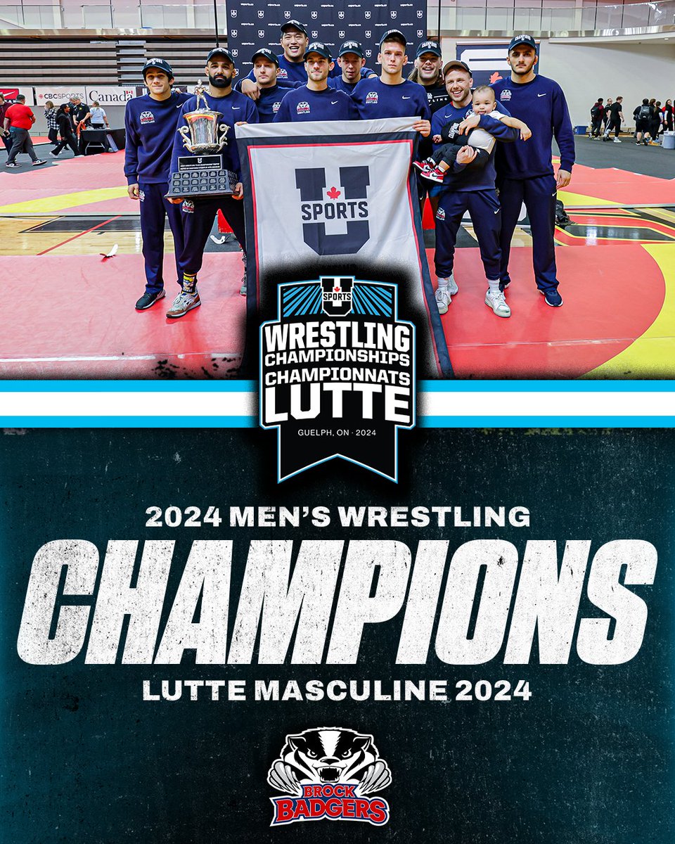 USPORTS_Wrest's tweet photo. 🤼Congratulations to the @brockbadgers for becoming the 2024 U SPORTS Men's Wrestling Champions!

🤼Félicitations aux @brockbadgers pour être devenus champions de lutte masculine U SPORTS 2024 !

#ChaseTheGlory | #ViserHaut https://t.co/yuqLIz3fTP