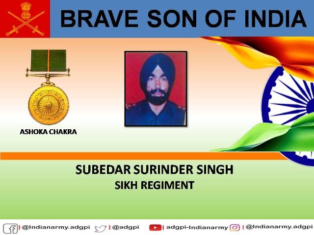 निश्चय कर अपनी जीत करूँ |

“बोले सो निहाल 
सत श्री अकाल”

Join Me in Saluting One of The Bravest Sons of India, Subedar Surinder Singh #AshokaChakra of #Sikh Regiment Who Sacrificed His Life Fighting #Pakistani Terrorists in #Kashmir on This Day in 2002.

Jai Hind 🇮🇳🫡
#Punjab