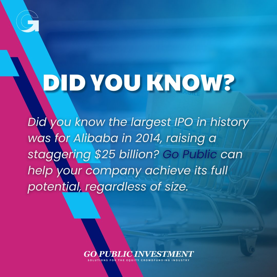 Did you know Alibaba's IPO raked in a record-breaking $25 billion?  GoPublic empowers companies of ALL sizes to unlock their potential and achieve their funding goals. Ready to explore your IPO options? Contact GoPublic today!

#IPOSuccess #GoPublicEmpowers #EveryCompanyHasAPath