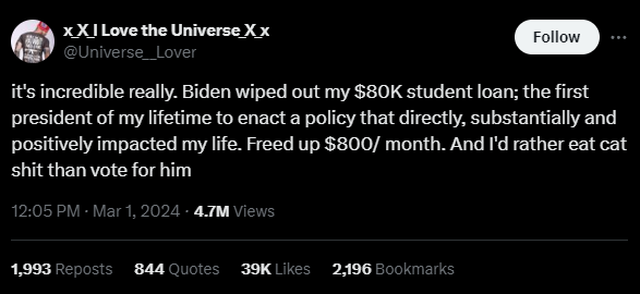 this is how persuasion happens, in a nutshell. nobody cares about policy. no one cares about material conditions. people just get told by their friends (or tiktok) that someone is good or bad and then they believe it until their friends (or tiktok) tell them something else