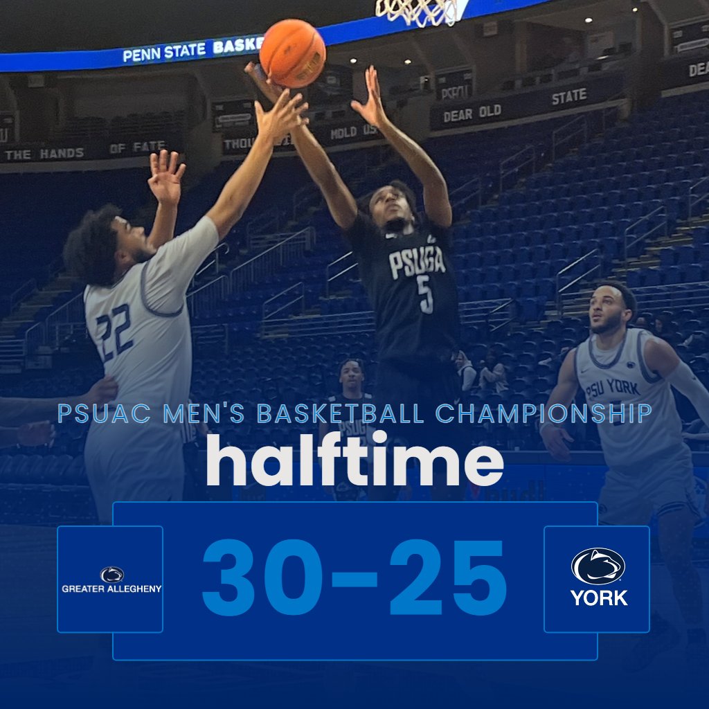 It's halftime! <a href="/psugaathletics/">Penn State Greater Allegheny Athletics</a> leads <a href="/PSYorkAthletics/">Penn State York Athletics</a> 30-25 with 20 to play in the PSUAC Men's Basketball Championship game!