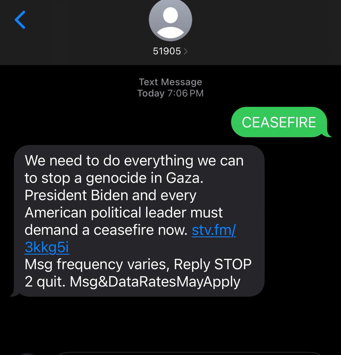 If you’re in the U.S text the number 51905 with the word CEASEFIRE. This will automatically send a pre-drafted letter to representatives and leaders urging for a ceasefire.