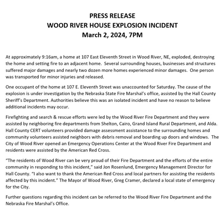 GIHallEMA's tweet image. Press Release: Wood River house explosion incident. @NE_SFM @HallSheriff