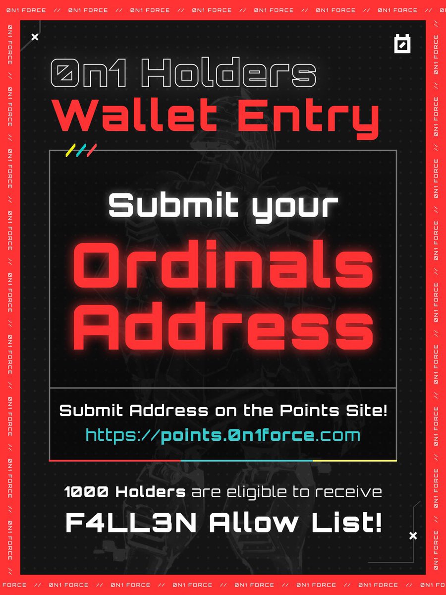 0n1Force's tweet photo. 🚨 Reminder for 0N1 Holders 🚨

SUBMIT YOUR ORDINALS ADDRESS

Go to the 0N1 Points Site main page

Having issues? 
Open a ticket in Discord and send it over to us directly ✅ https://t.co/jlBSbwO2zj