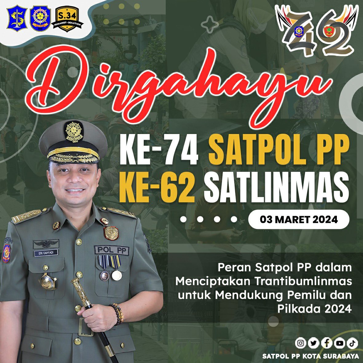 satpolppsby's tweet photo. Dirgahayu Satuan Polisi Pamong Praja ke 74 dan Satuan Perlindungan Masyarakat ke-62✨
"Peran Satpol PP dalam Menciptakan Trantibumlinmas untuk mendukung Pemilu dan Pilkada 2024"
#satpolppindonesia #dirgahayusatpolpp #hutsatpolpp #hutlinmas #satlinmas #satpolppdanlinmas https://t.co/yhafIfL9D0