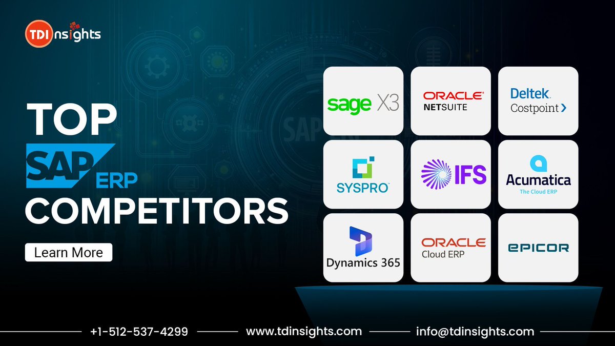 SAP ERP Alternatives & Competitors  

Learn More: tdinsights.com/infographics/t…

#sap #erp #cloud #syspro #msdynamics365 #Competitors #TDInisghts