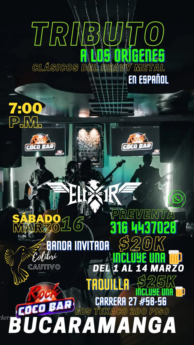 #ELIXIRnews📸 

🎸Banda Invitada #ColibríCautivo con su sonido #HardRock nos cautivará en el #TRIBUTOalosorígenes en <a href="/Bucaramanga/">Bucaramanga</a> Rock Coco Bar 🎶🍺
PREVENTA $20K incluye una 🍺