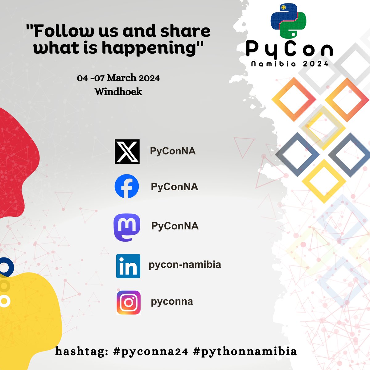 PyConNA's tweet image. Follow us on all our platforms and share what&apos;s happening during the conference. Please don&apos;t forget to use our hashtags.