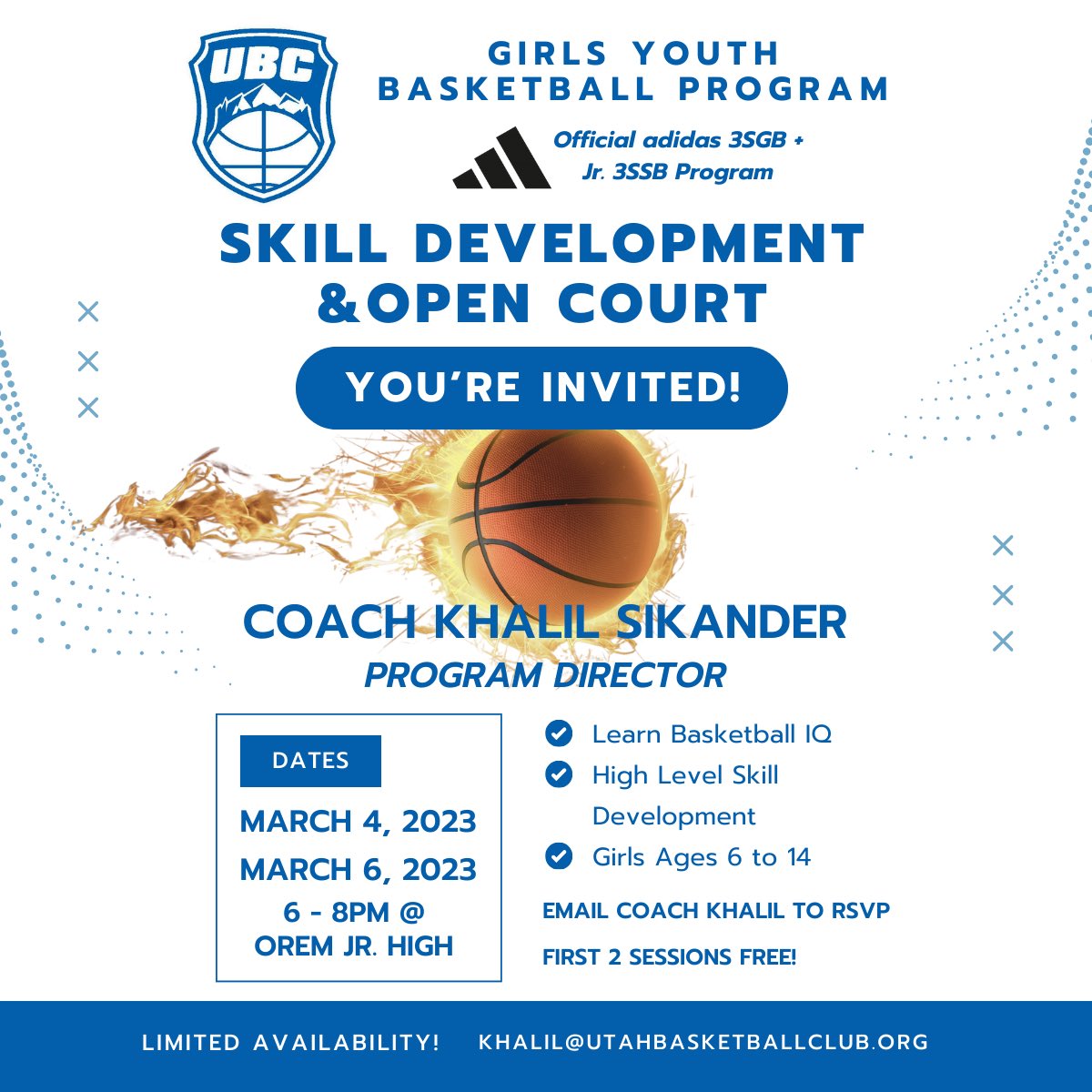 Girls Youth Basketball Players — You’re Invited!

🗓️Girls Youth Basketball Open Court &amp; Skill Development - 2 Sessions

Join UBC Girls Program Director &amp; Coach Khalil Sikander for 2 sessions of skill development and open court.

Dates: March 4 &amp; 6 from 6pm to 8pm at Orem Jr High.