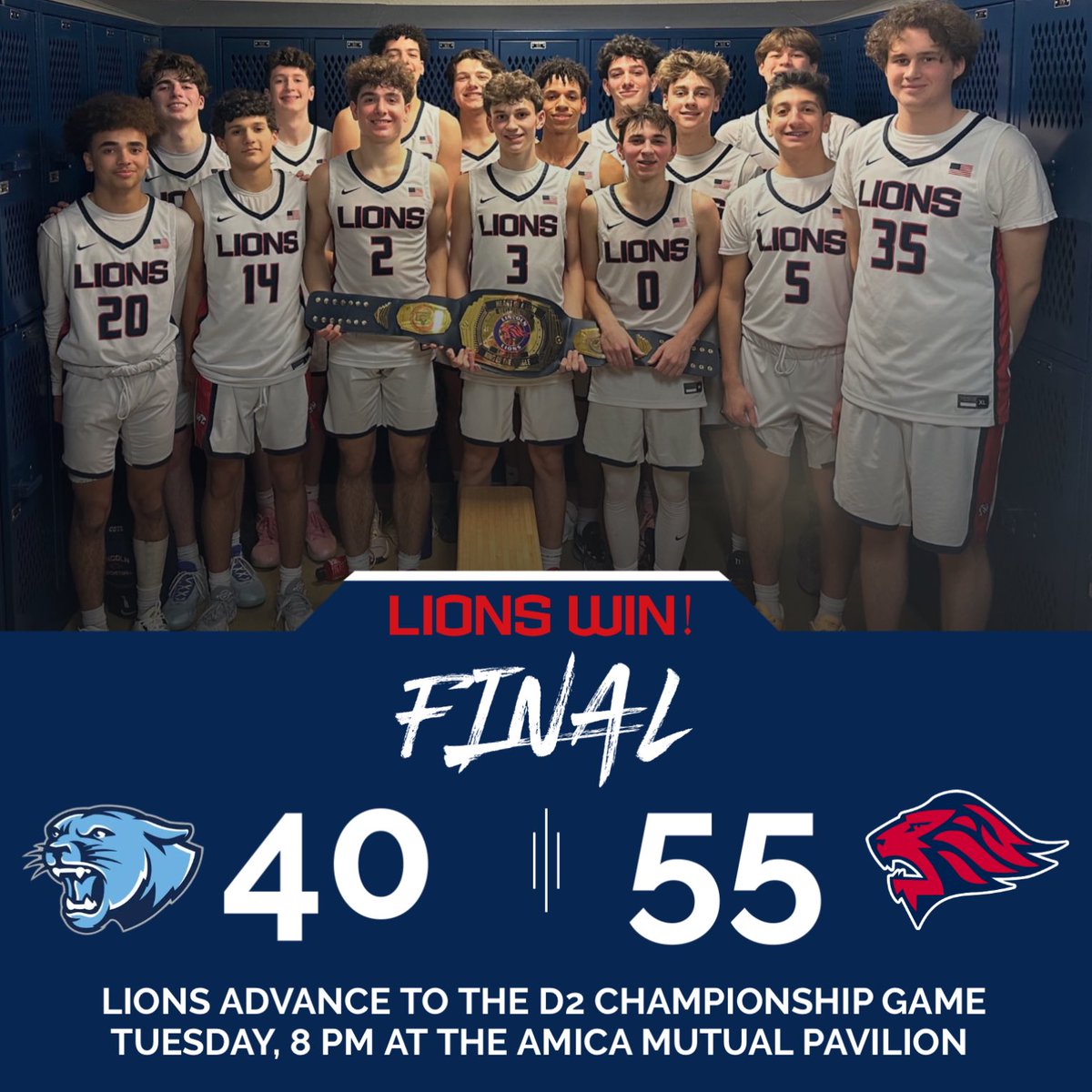 Final: Lincoln 55, Johnston 40‼️

Lions advance to the D2 State Championship game behind a complete team defensive effort.

⌚️8:00 PM
📅 Tuesday, March 5th
📍Amica Mutual Pavilion 

@LHSRI_Athletics | @RibcaBasketball