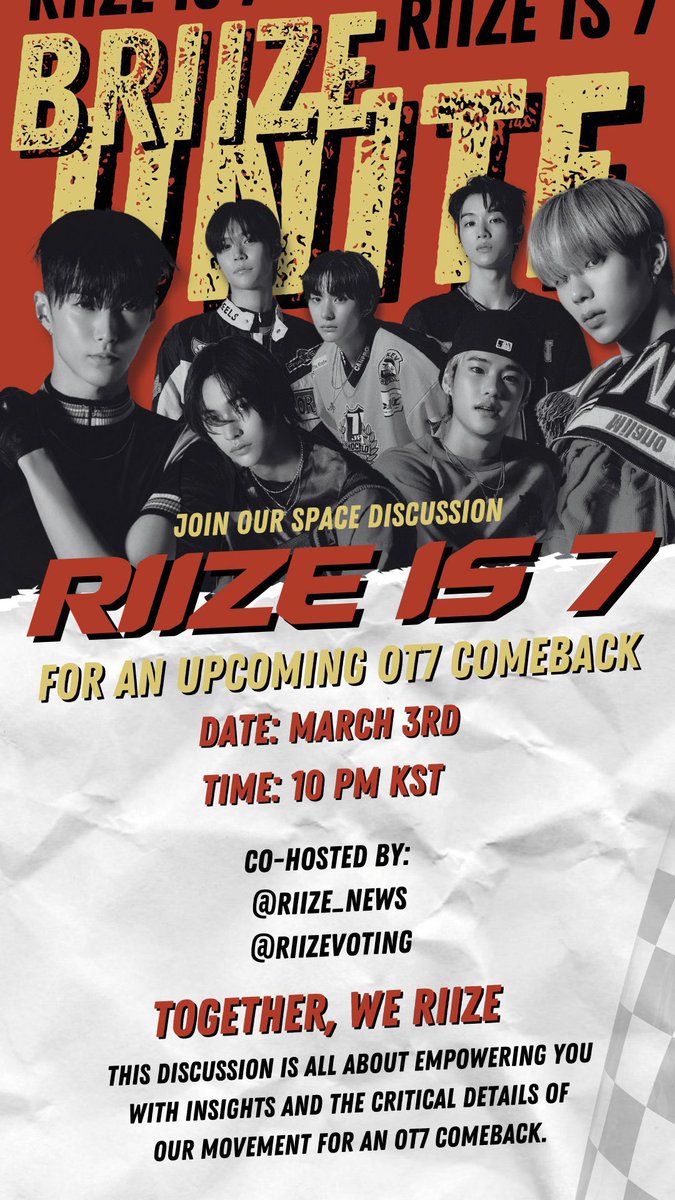 ¡BRIIZE DE CHILE!

Invadamos el contenido de RIIZE (en Instagram, TikTok, Weverse, etc.) con el lema RIIZE IS 7.

Únase a este movimiento. Tu voz puede marcar la diferencia, levantémonos juntos por RIIZE OT7.

- Fecha: 3 de marzo
- Hora: 10 p. m. KST 
<a href="/RIIZE_NEWS/">RIIZE NEWS</a> y <a href="/riizevoting/">RIIZE VOTING TEAM</a>