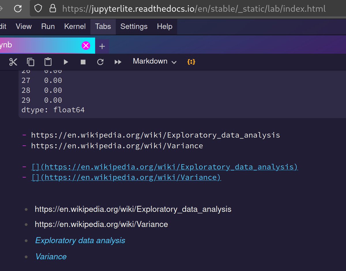 westurner's tweet image. Any idea y now [#JupyterLite,] Markdown URL linkification fails now, though there are hover cards instead of I just want the full URLs as I wrote into the document?:

- en.wikipedia.org/wiki/Explorato…
- en.wikipedia.org/wiki/Variance

- []()
- []()