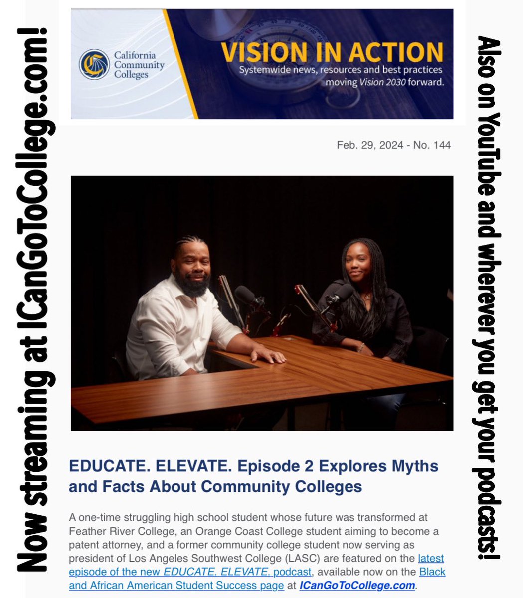 dannymoshow's tweet image. PRESS RELEASE: “EDUCATE. ELEVATE. Episode 2 Explores Myths and Facts About Community Colleges.”

Episode #2 is now available at ICanGoToCollege.com, @ICanGoToCollege on YouTube and wherever you get podcasts!

@ICanGoToCollege
@dannymoshow

#ICanGoToCollege
#EducateElevatePod
