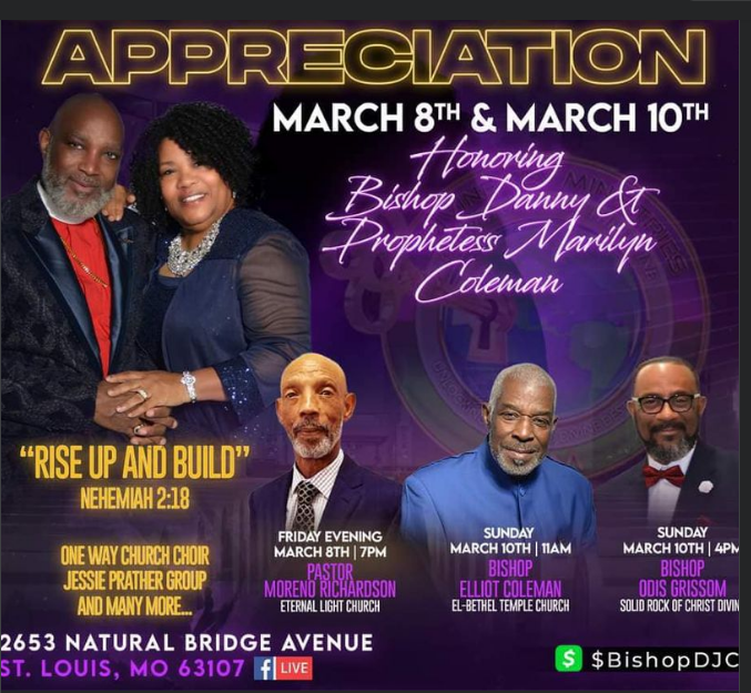 KGlovesLinux's tweet photo. "🎉 Join us in a joyous celebration! on March 8th & 10th - marks 24 years of unwavering pastoral service by Bishop Danny Jerome Coleman. 🙏 Let's come together to honor a journey of faith, love, and inspiration! #BishopAnniversary #24YearsOfService" #Stlouis #STL #cityofSTL https://t.co/uGNKcpOIcS