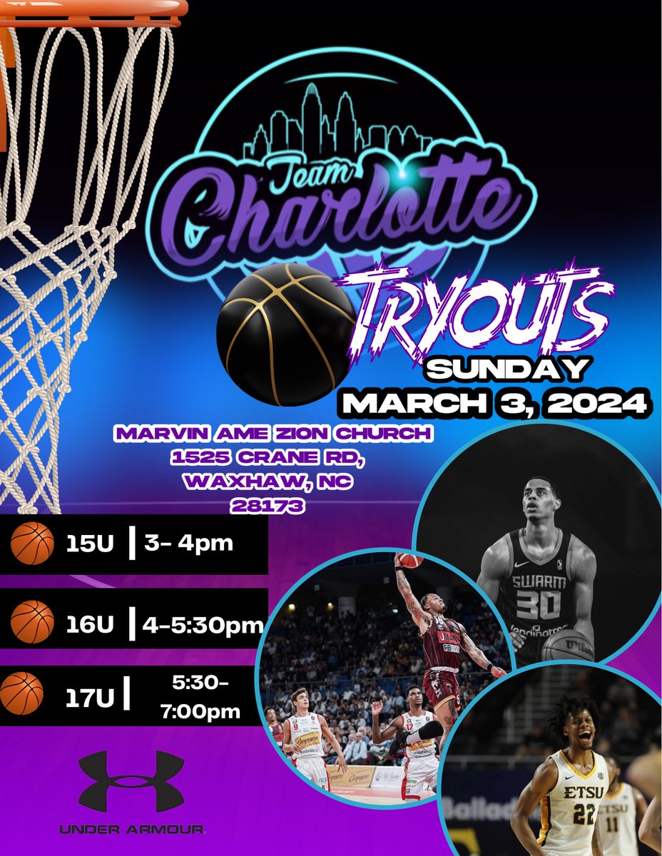 🚨TRYOUT INFO🚨 🗓️Sunday March ⏰Times listed below ⬇️ 📍Marvin AME Zion Church, Waxhaw 💵$20 Tryout Fee 📌Registration at the door