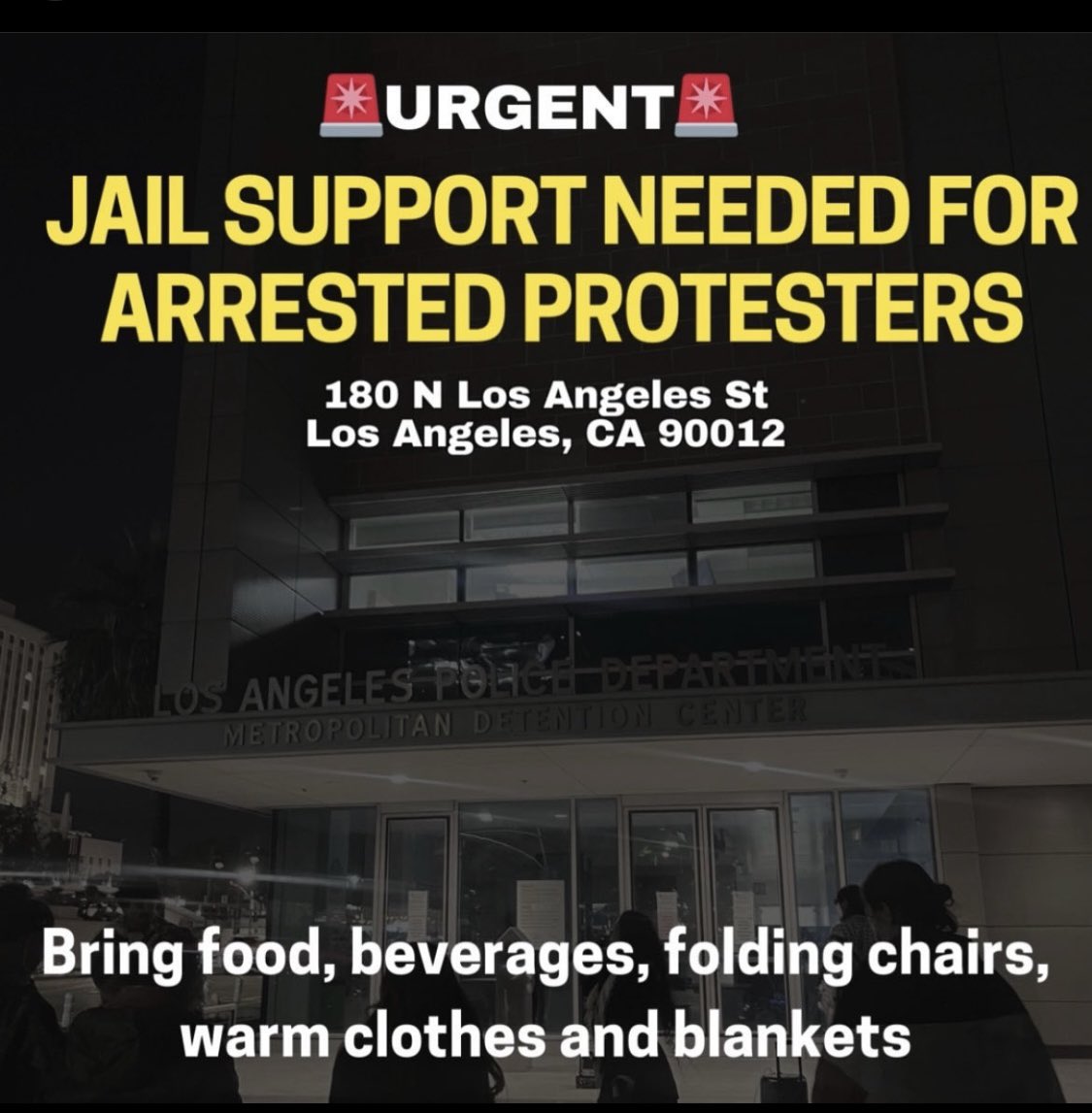 🚨Urgent call from @palyouthmvmt 🚨 Multiple protestors were arrested during our mobilization for Rafah! Join us NOW to demand their release. We are calling on community members to show up ￼ 📍180 N Los Angeles St, Los Angeles CA, 90012